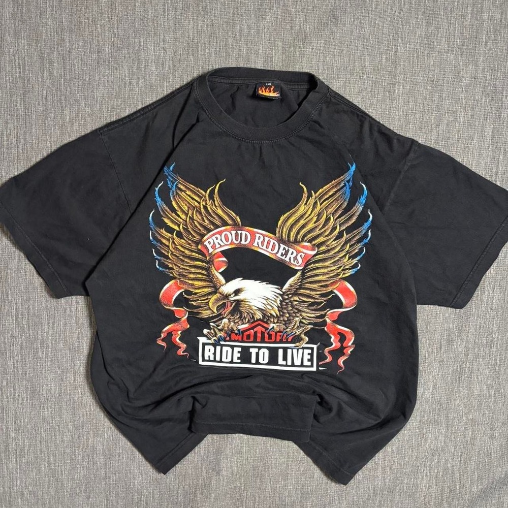 Black biker tee with eagle graphic - L